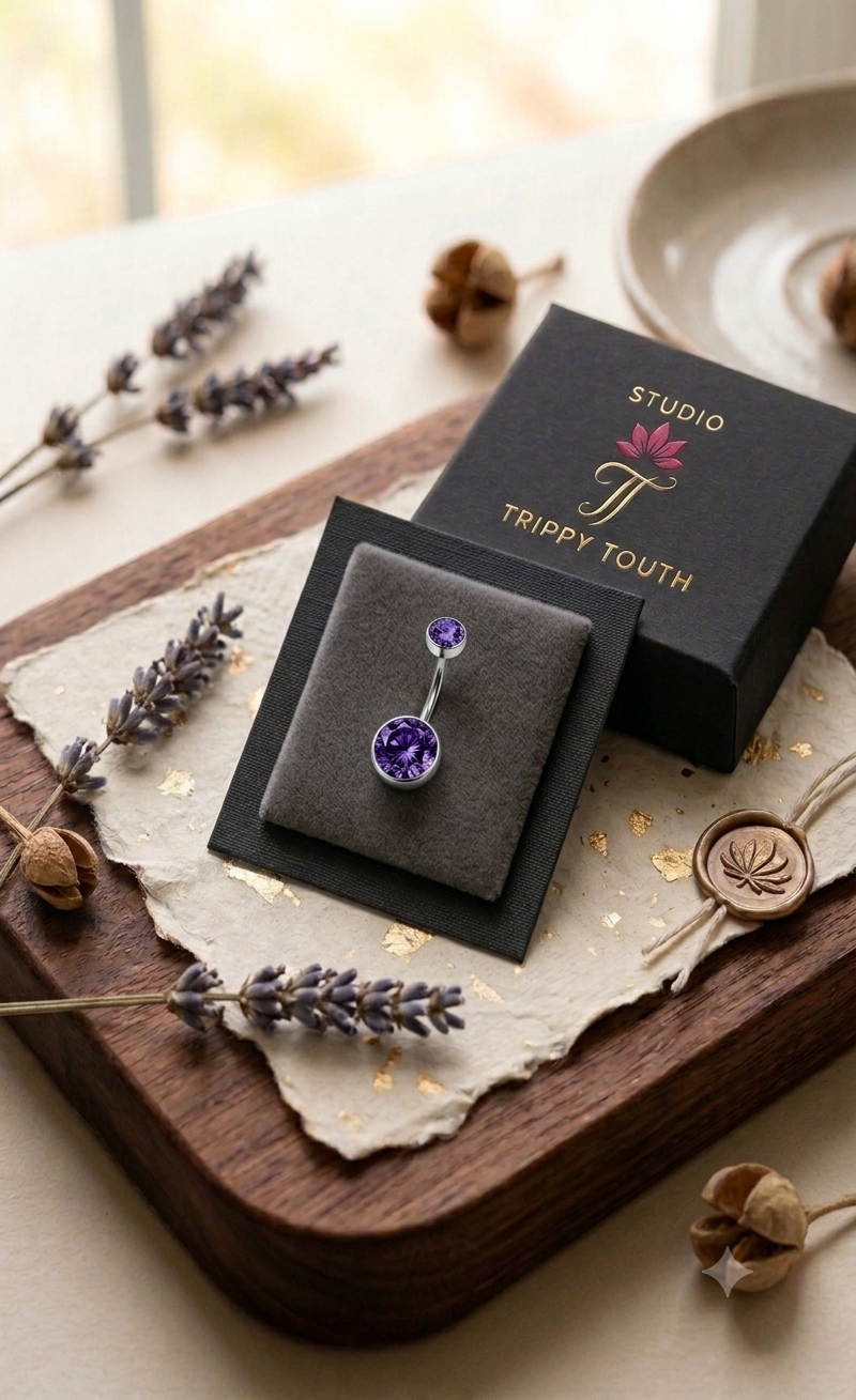 Piercing de umbigo com pedraria lilas